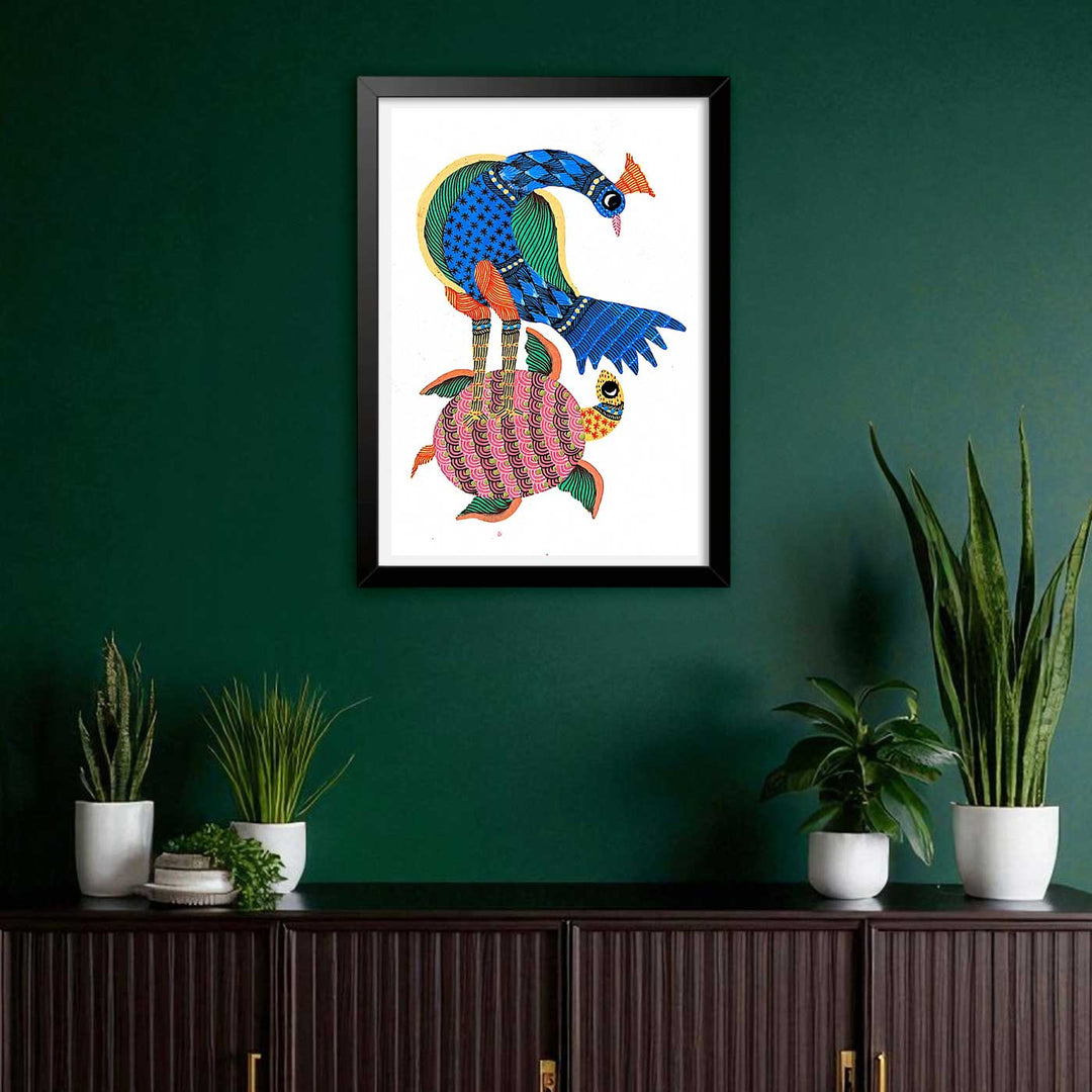 6 x 8 Inch | Peacock & Turtle | Original Hand painted Tribal Gond Art Painting | Acrylic Paints On Paper