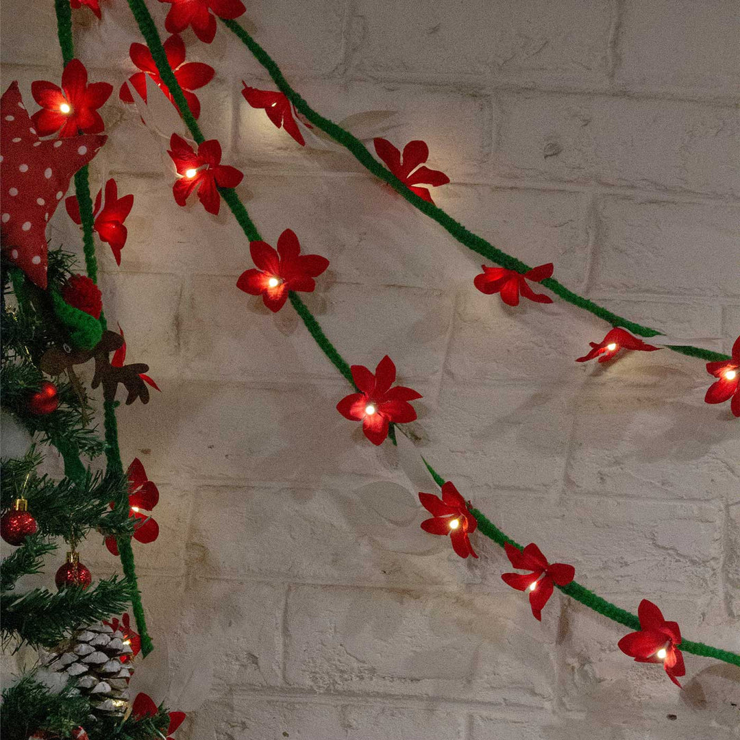 Handmade Red Flower Woolen Fairy Lights For Christmas Decoration