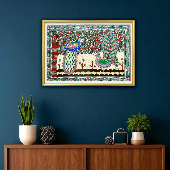 11 x 16 Inch | Peacock Under The Tree | Original Hand Painted Madhubani Painting On Paper