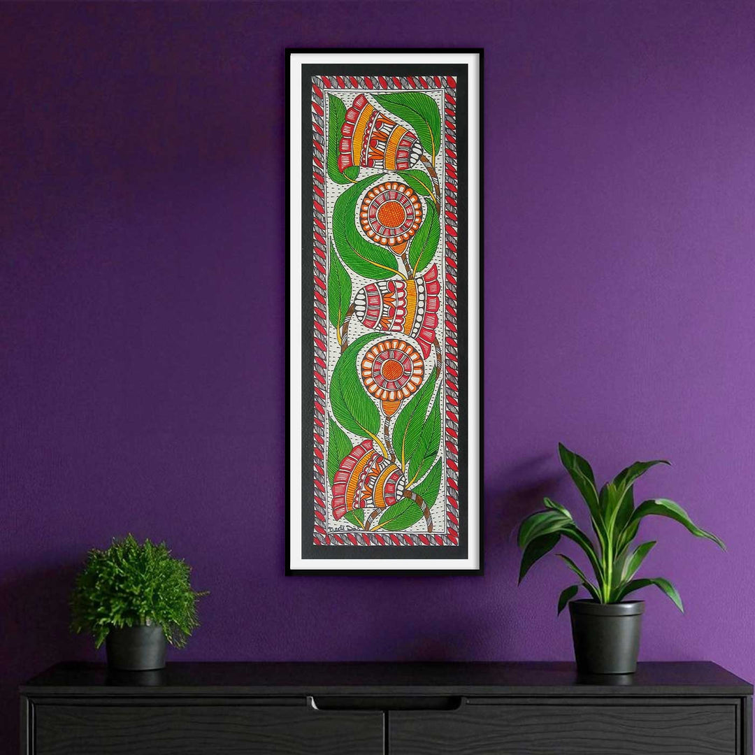 16 x 6 Inch | Flowers & Leaves | Original Hand Painted Madhubani Painting | Acrylic Paints On Paper
