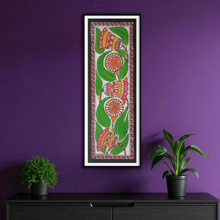 16 x 6 Inch | Flowers & Leaves | Original Hand Painted Madhubani Painting | Acrylic Paints On Paper