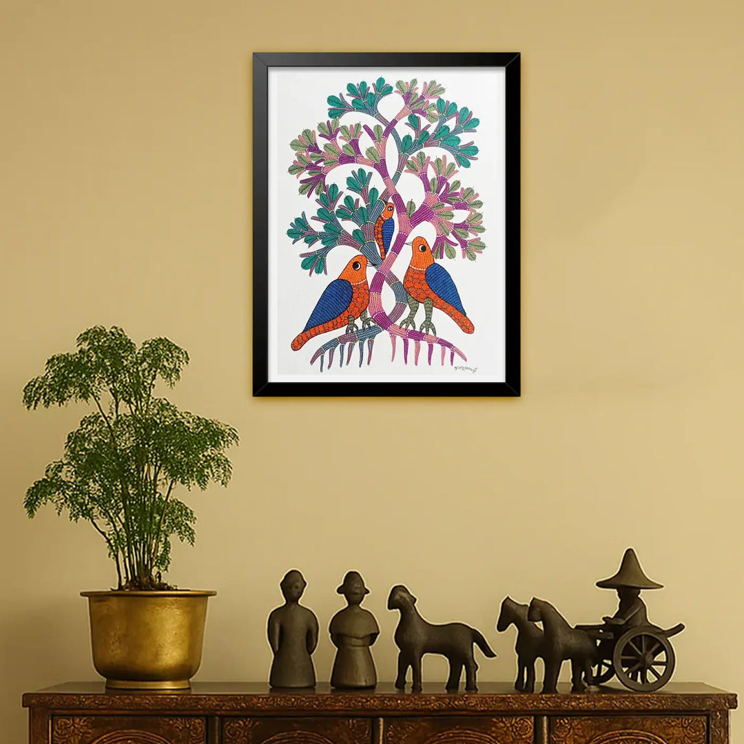 11 x 16 Inch | 3 Birds on Tree | Original Hand Painted Tribal Gond Art Painting | Acrylic Paint On Paper