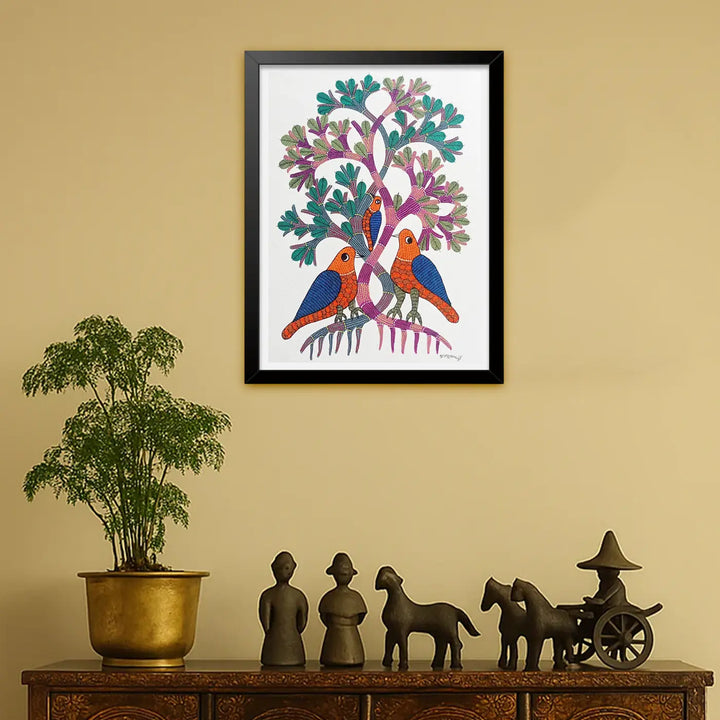 11 x 16 Inch | 3 Birds on Tree | Original Hand Painted Tribal Gond Art Painting | Acrylic Paint On Paper