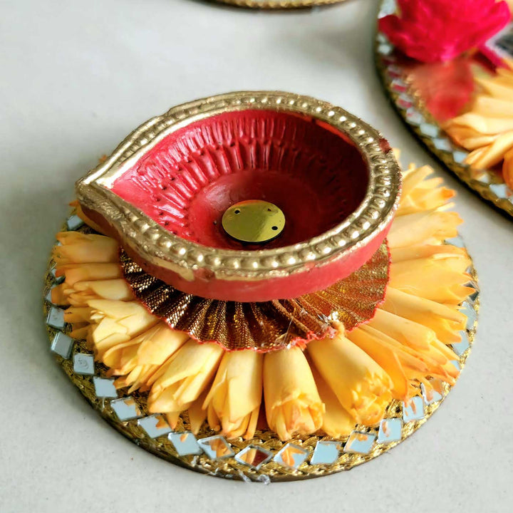 Handmade Sola Flowers With Diya Reusable Rangoli | 1 Center Piece, 3 Side Rangoli Piece And 3 Side Diyas