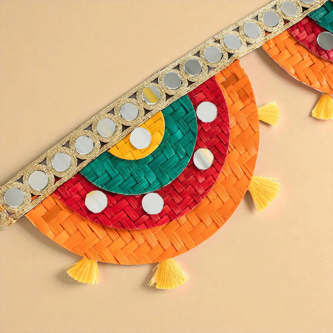 Multicoloured Mirror Embellished Eco-Friendly Handmade Woven Bamboo Toran | 41 Inch x 4 Inch