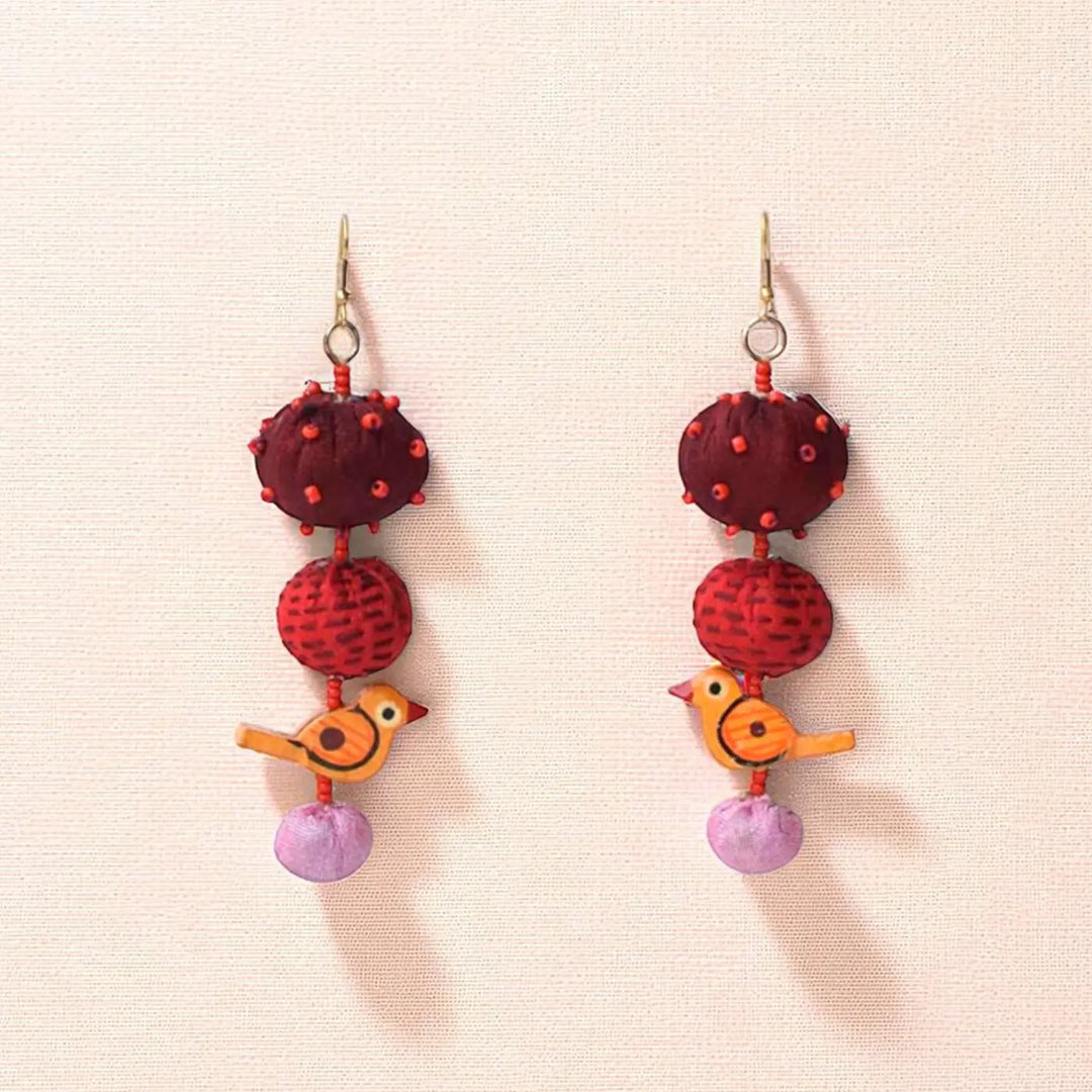 Handmade Textile Art Parrot Charm Dupion Silk Fabric Earrings