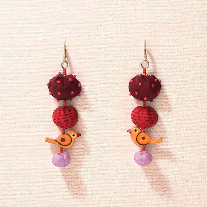 Handmade Textile Art Parrot Charm Dupion Silk Fabric Earrings