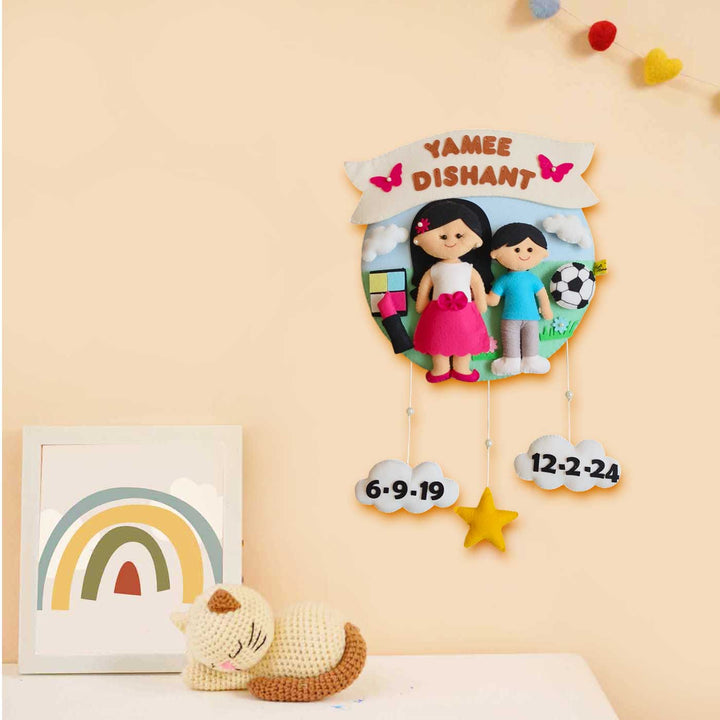 Hand-stitched Hobby Themed Round Felt Kids Name Plate for Siblings
