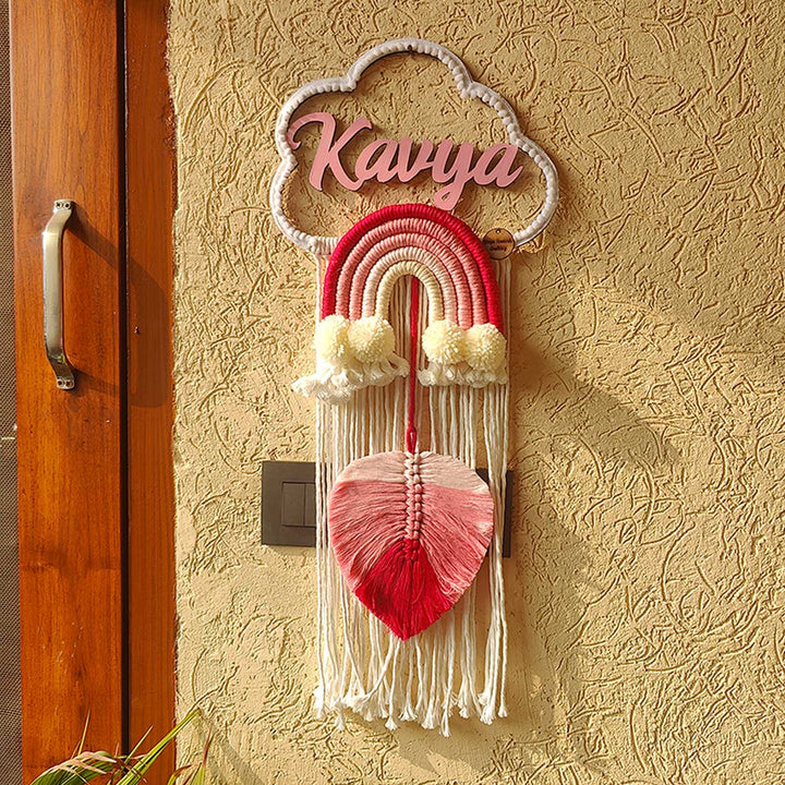 Personalized Macrame Pink Rainbow & Cloud Theme Kids Name Plate