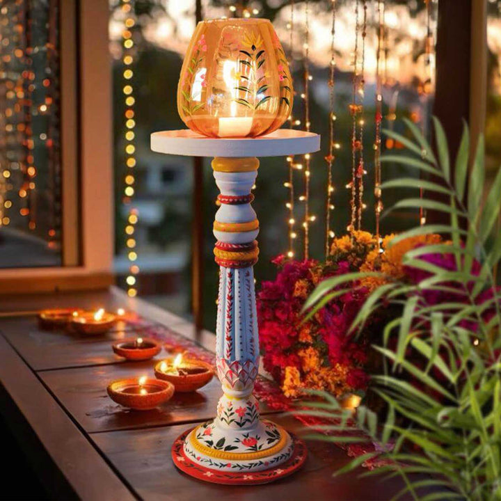 Hand-Painted Elara Wooden Candle Holder