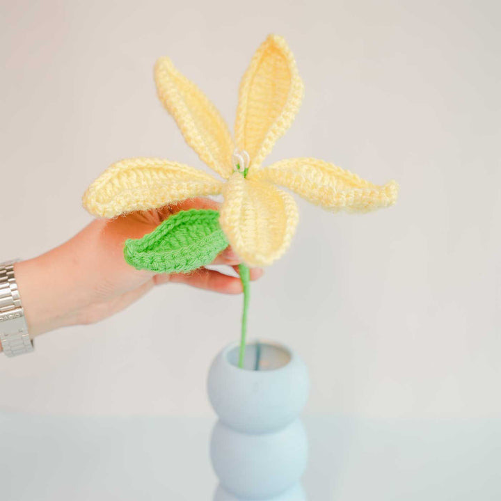 Handmade Crochet Yellow Lily With Stacked Tired Pottery Ceramic Vase
