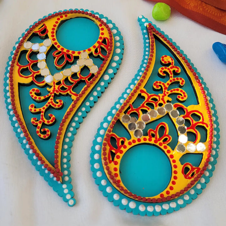 Hand-Painted Mirror Work Paisley Shaped MDF Wood Tealight Holder | Set Of 2