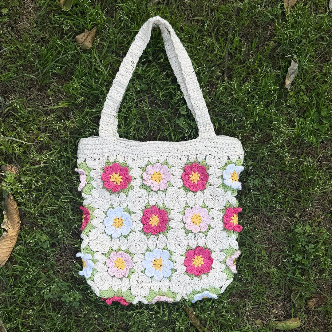 Handmade Crochet Flower Design Cotton Tote Bag