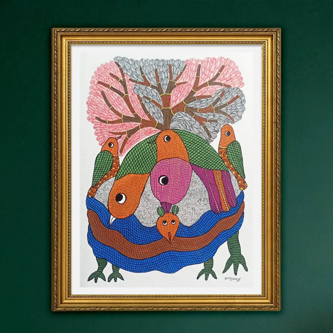 11 x 16 Inch | Bird with Tree of Life | Original Hand Painted Tribal Gond Art Painting | Acrylic Paint On Paper