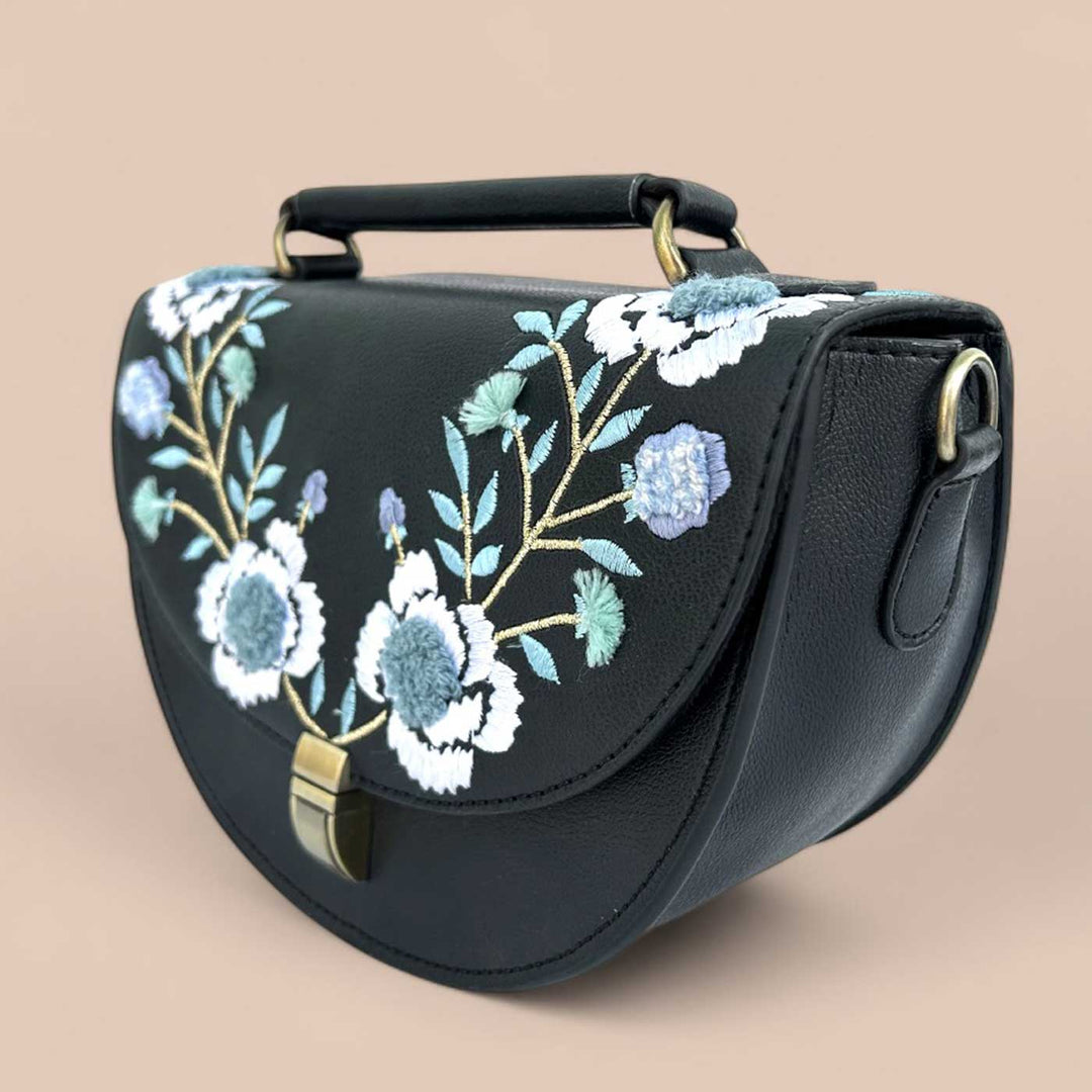 Handmade Embroidered Flower Design Black Rexine Sling Bag
