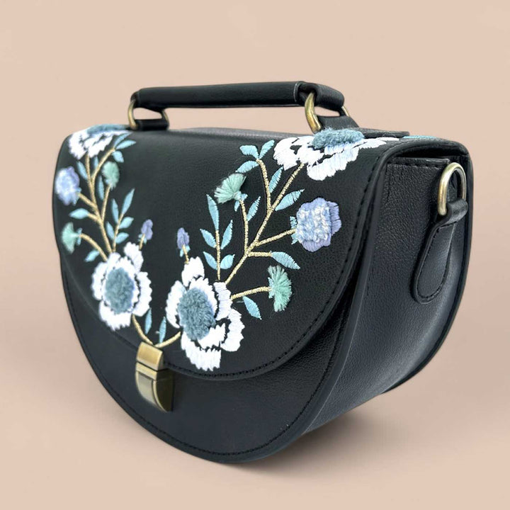 Handmade Embroidered Flower Design Black Rexine Sling Bag