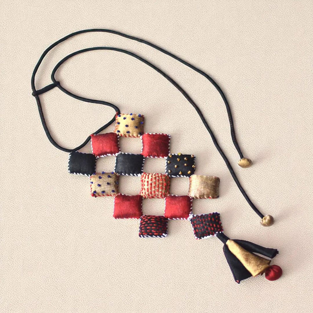 Handmade Textile Art Diamond Shaped Dupion Silk Fabric Necklace