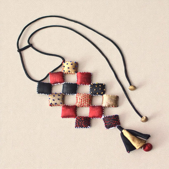 Handmade Textile Art Diamond Shaped Dupion Silk Fabric Necklace