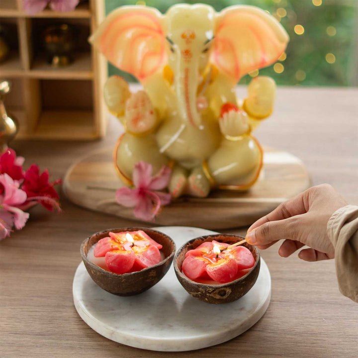 Set Of 2 | "Hibiscus" Handmade Soy Wax Scented Coconut Shell Candle For Home Decor