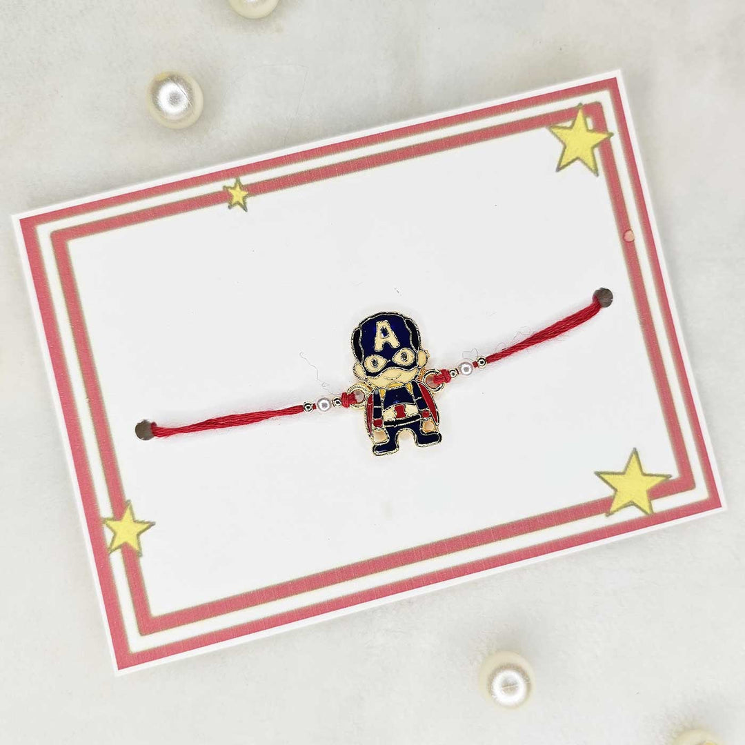 Handmade Captian America Metal Kids Rakhi With Roli Chawal - Displayed on Cardboard Backing