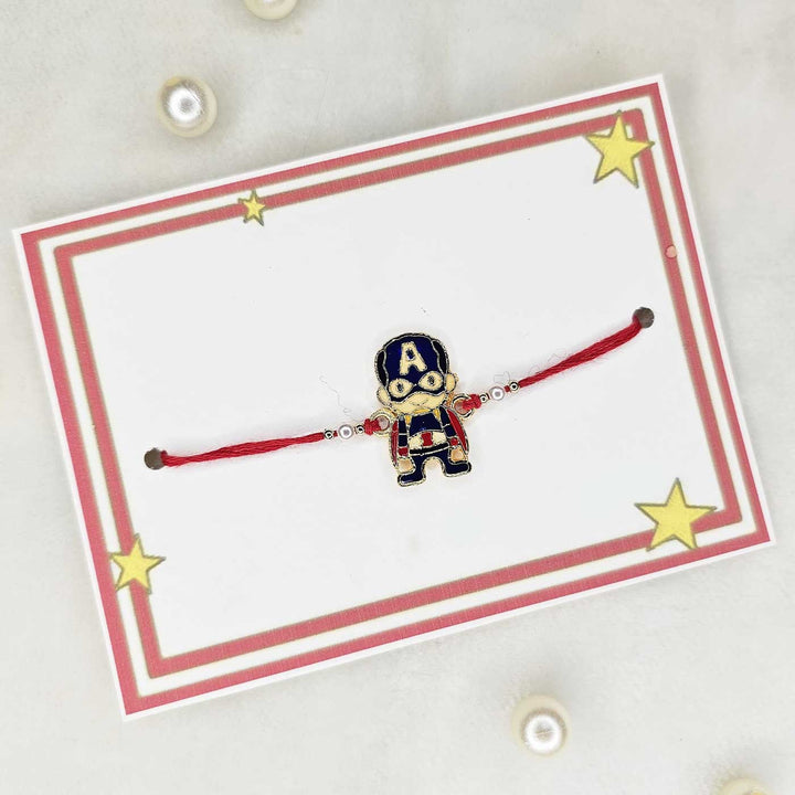 Handmade Captian America Metal Kids Rakhi With Roli Chawal - Displayed on Cardboard Backing