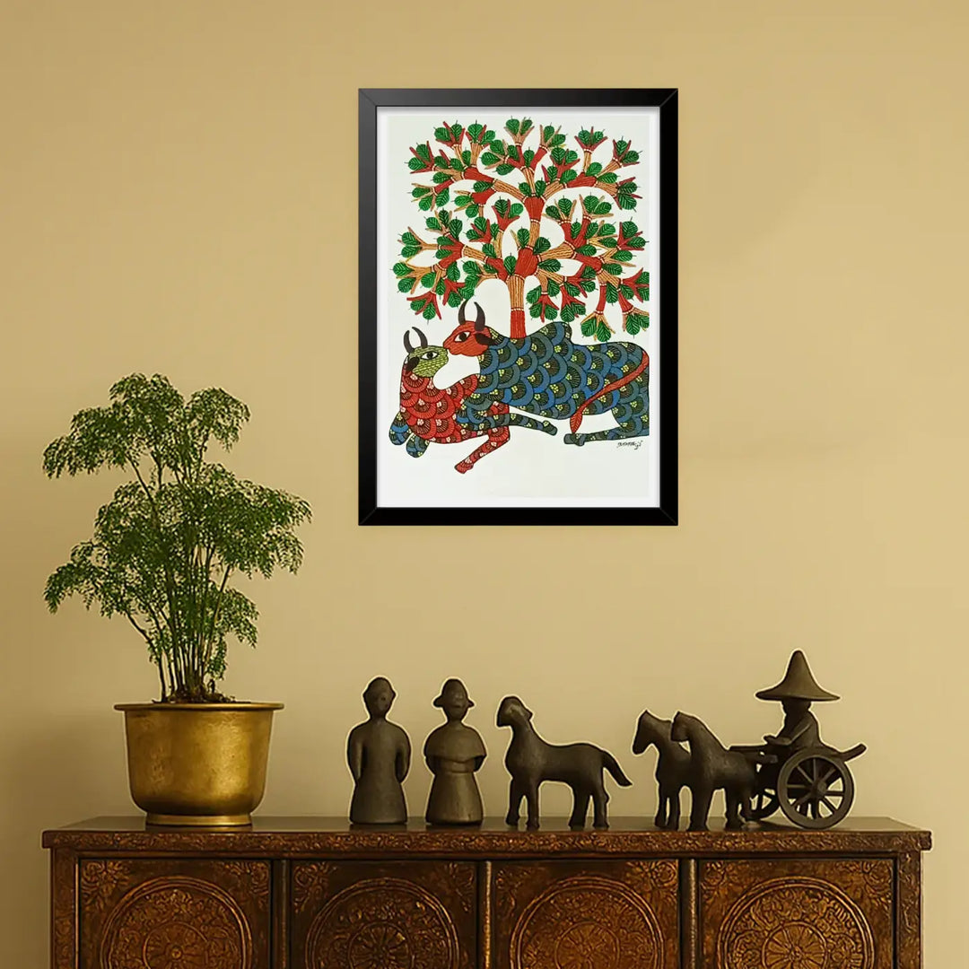 11 x 16 Inch | Two Resting Bulls | Original Hand Painted Tribal Gond Art Painting | Acrylic Paint On Paper