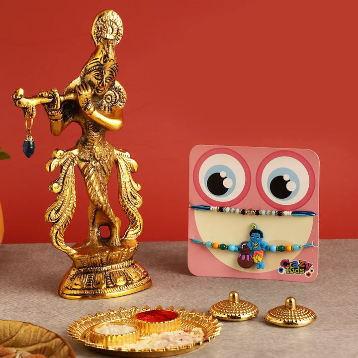 Handmade Krishna Rakhi Hamper | Includes 1 Krishna With Flute Idol, 2 Rakhis, 1 Roli Chawal