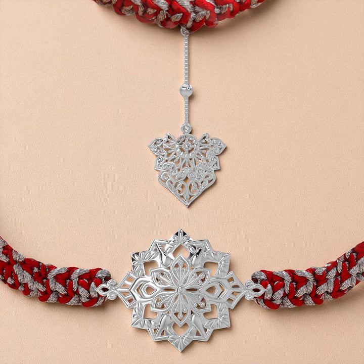 Handmade Fligree Design Silver Bhaiya Bhabhi Rakhi - Detailed close-up of pendants