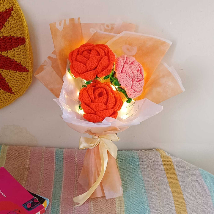 Handmade Crochet Orange Rhapsody Theme Flower Bouquet With Lights