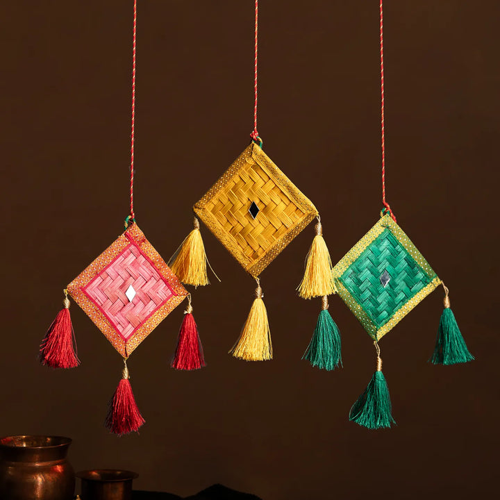 Kite Mirror Embellished Eco-Friendly Handmade Woven Bamboo Hanging | 6 x 2 Inch | Set Of 3