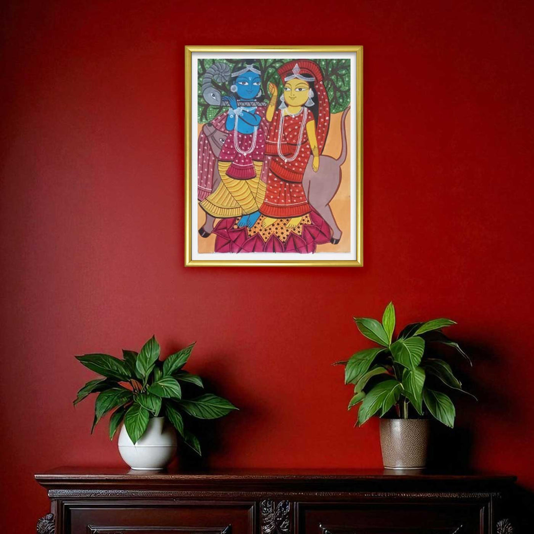 14 x 22 Inch | Radha Krishna Love | Original Hand Painted Kalighat Painting | Natural Colors On Paper
