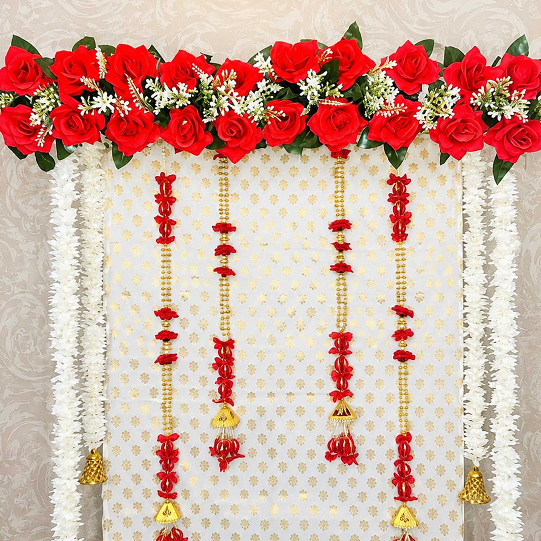 Maharaja Pooja Backdrop Decor Kit With Artificial Floral Panel & Bell Garlands