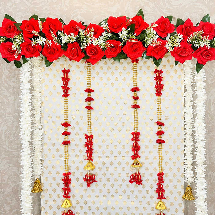 Maharaja Pooja Backdrop Decor Kit With Artificial Floral Panel & Bell Garlands