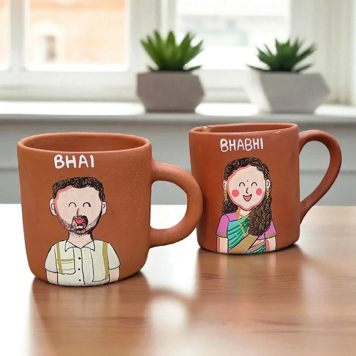 Photo Personalized Hand-Painted Terracotta Mug For Bhaiya And Bhabhi | Set Of 2