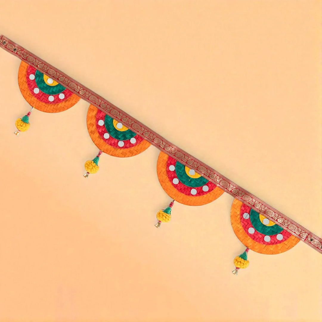 Multicoloured Mirror & Marigold Embellished Eco-Friendly Handmade Woven Bamboo Toran | 41 Inch x 7 Inch