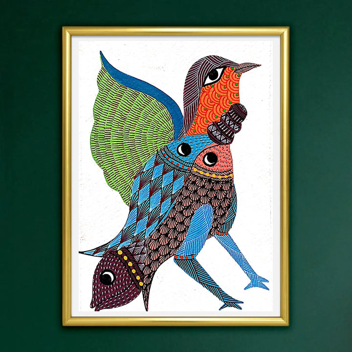 6 x 8 Inch | Feathers and Fins | Original Hand painted Tribal Gond Art Painting | Acrylic Paints On Paper