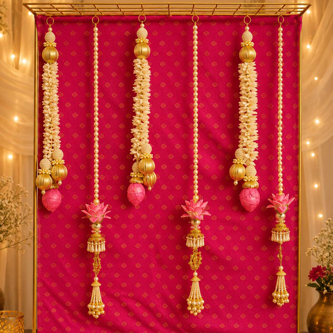 Pink Brocade Pooja Backdrop Decor Kit With Jaali Stand & Pearl Tassels
