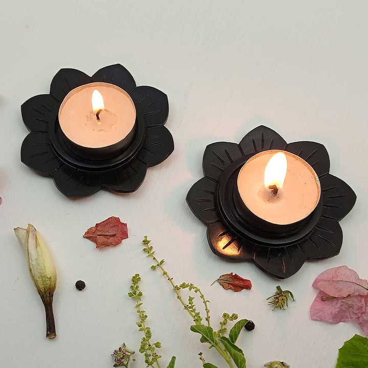 Handmade Black Altair Lotus Flower Candle Holder | Set Of 2