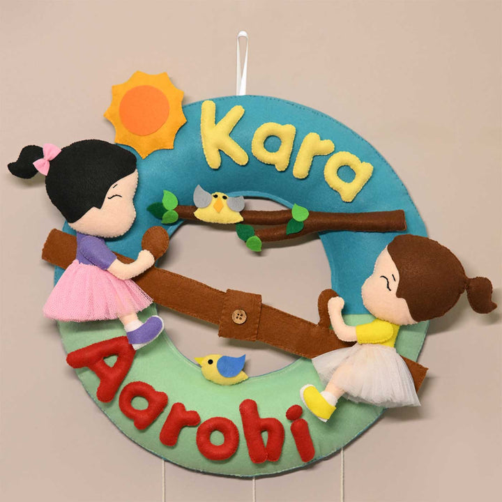 Personalized See-Saw Theme Round Felt Kid's Nameplate For Siblings