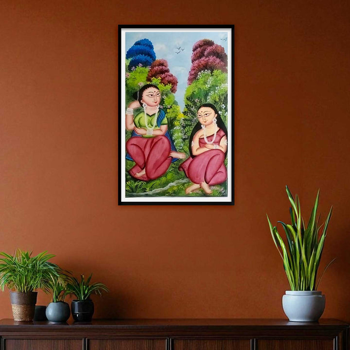 14 x 22 Inch | Ladies of the Land | Original Hand Painted Kalighat Painting | Natural Colors On Paper