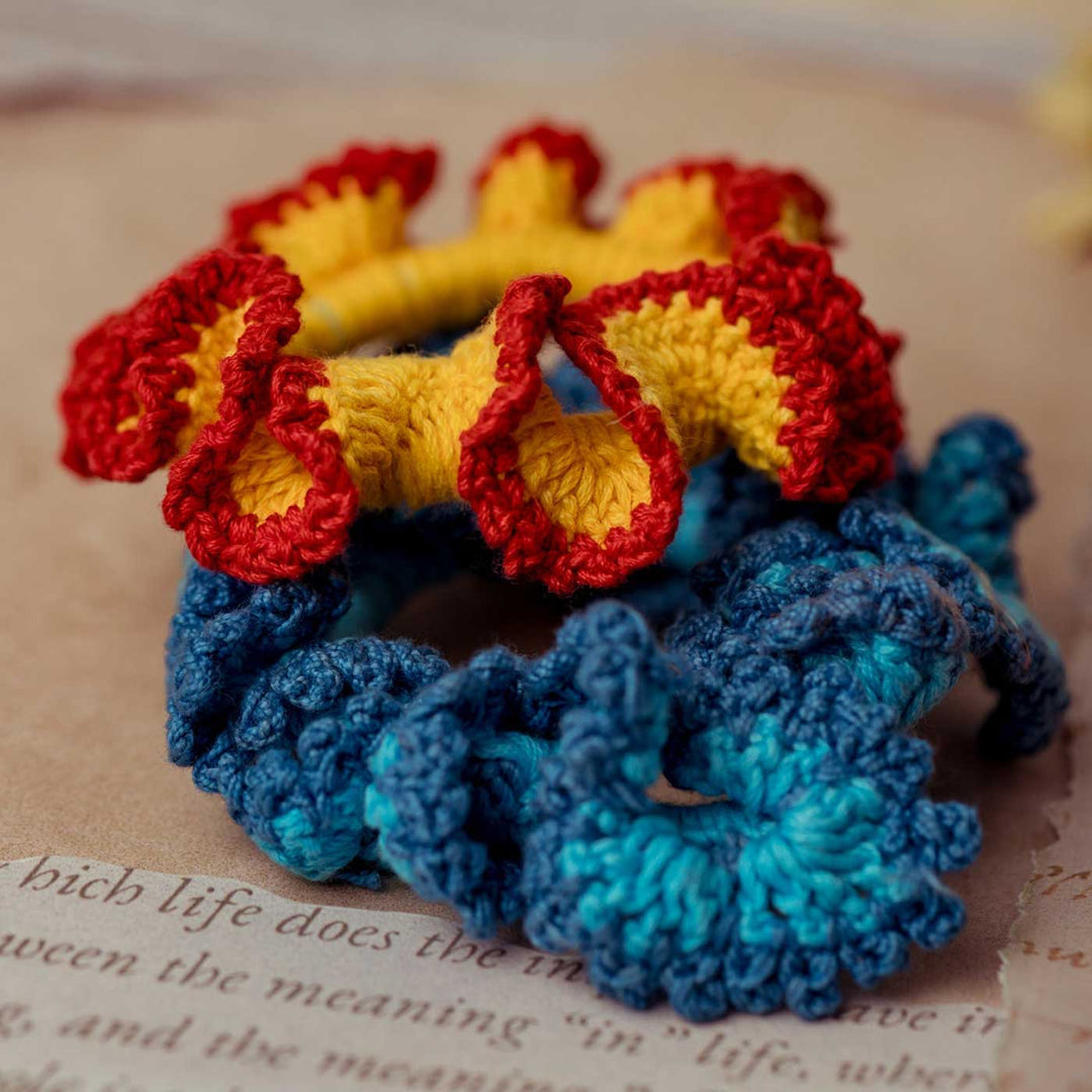 Handmade Crochet Guncha Yellow Blue Pop Cluster Scrunchie | Set Of 2