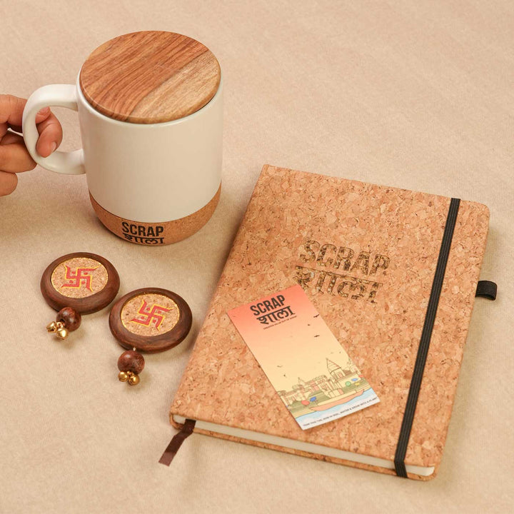 Handmade Subh Aarambh Gift Hamper | Includes Coffee Mug With Lid, Cork Planner Diary, Swastik Door Hanging Pair, Seed Card And Outer Box