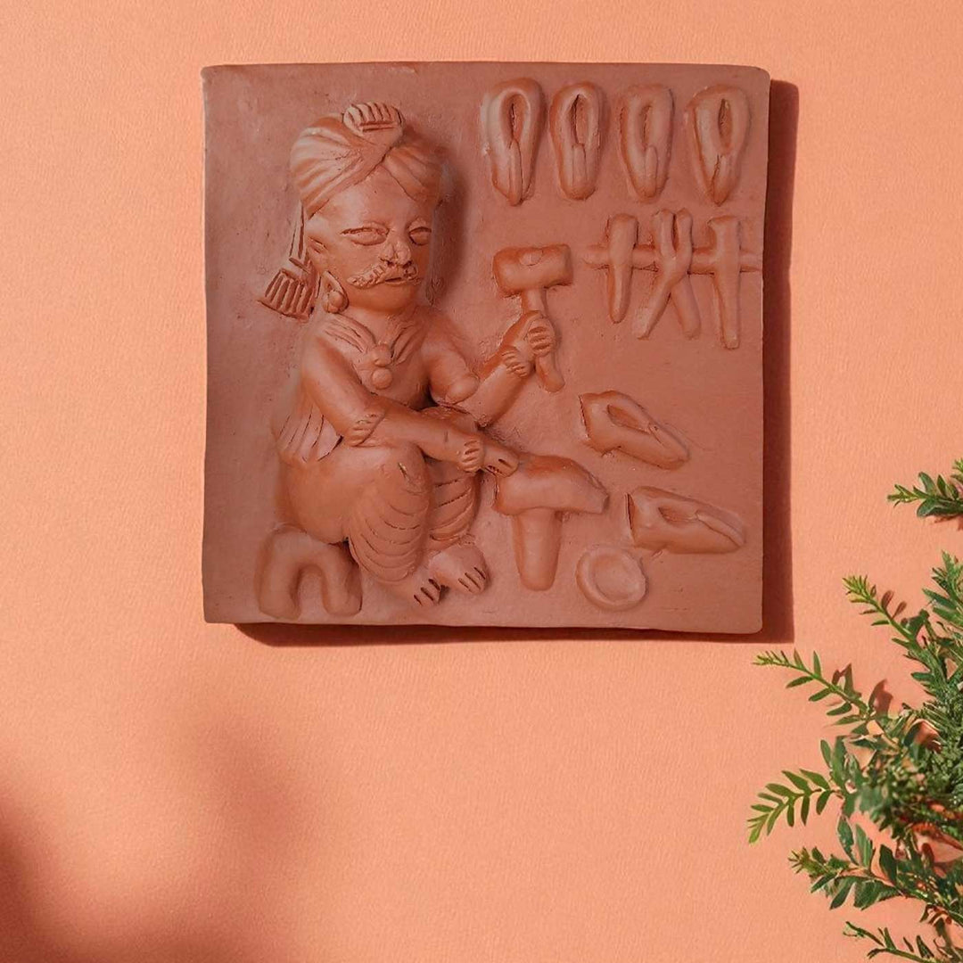 9 x 9 Inch | Village Cobbler Theme | 3D Handmade Terracotta Molela Mural Wall Art Tile
