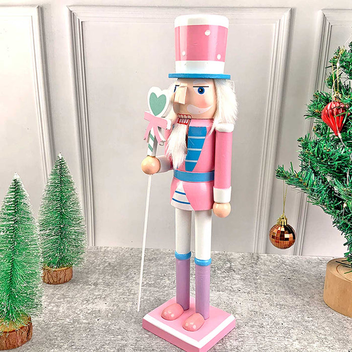 Pastel Pink Heart Nutcracker Self-Standing Wooden Decor For Christmas Table Decoration