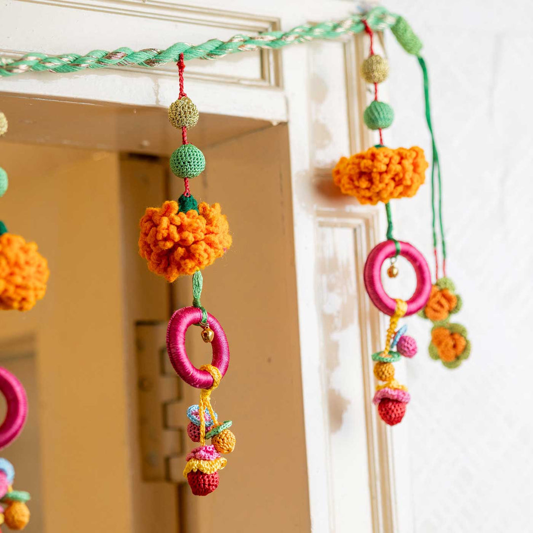 49 Inch | Intricate Realistic Crochet Marigold Pink Rings Design Cotton Toran