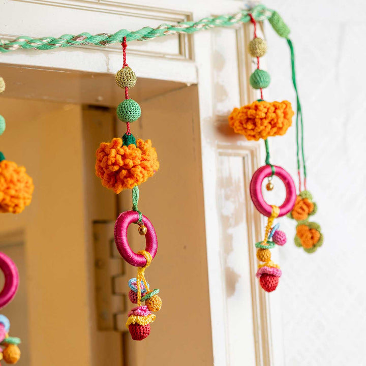 49 Inch | Intricate Realistic Crochet Marigold Pink Rings Design Cotton Toran
