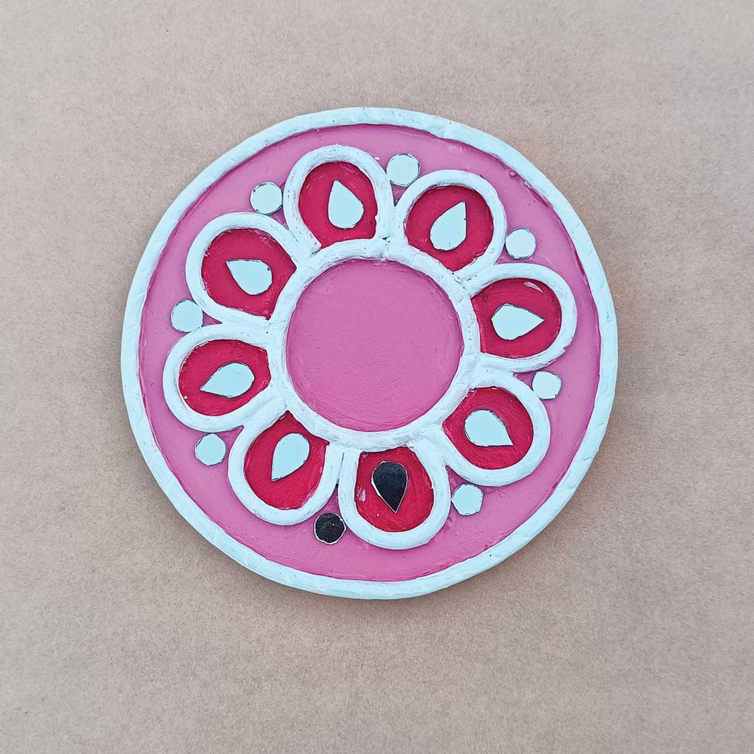 Handmade Pink Lippan Art Tealight Holder With Mirror Work | Set Of 2
