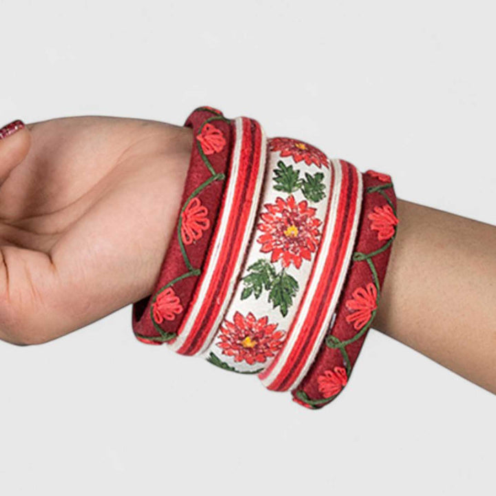 Red Handcrafted Dahlia Flower Bangles | Set of 5