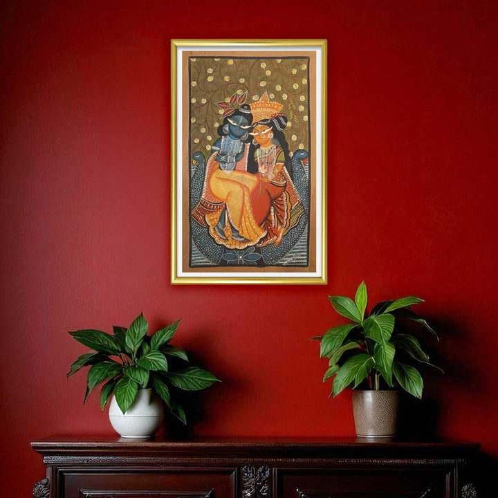 14 x 24 Inch | Radha Krishna Love | Original Hand Painted Kalighat Painting | Natural Pigment On Paper