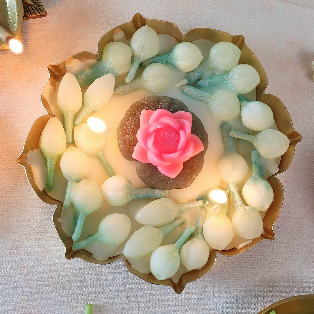 Mogra Handmade Floral Soy Wax Scented Metal Urli Candle For Pooja Room Decor